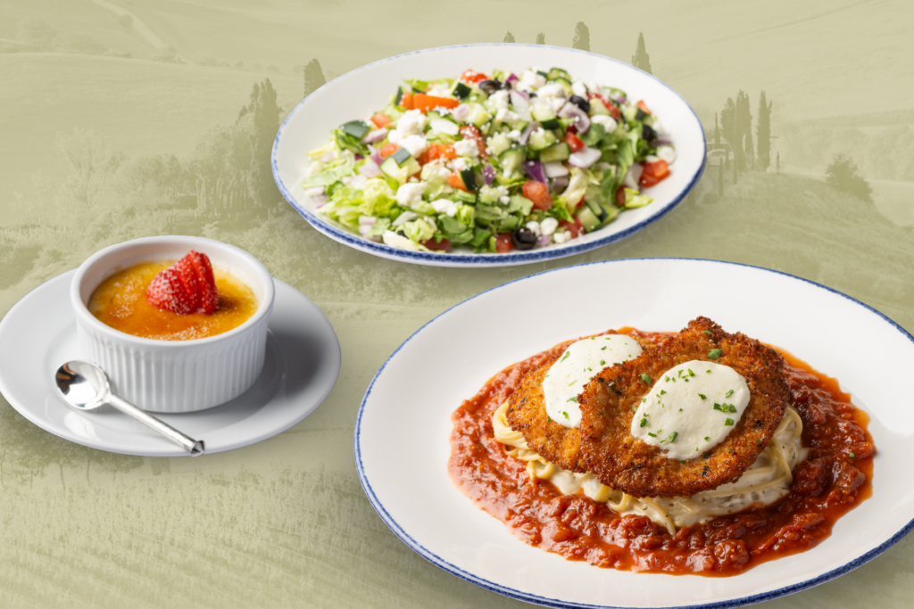 Chicken Milanese with a chopped salad and Creme Brulee